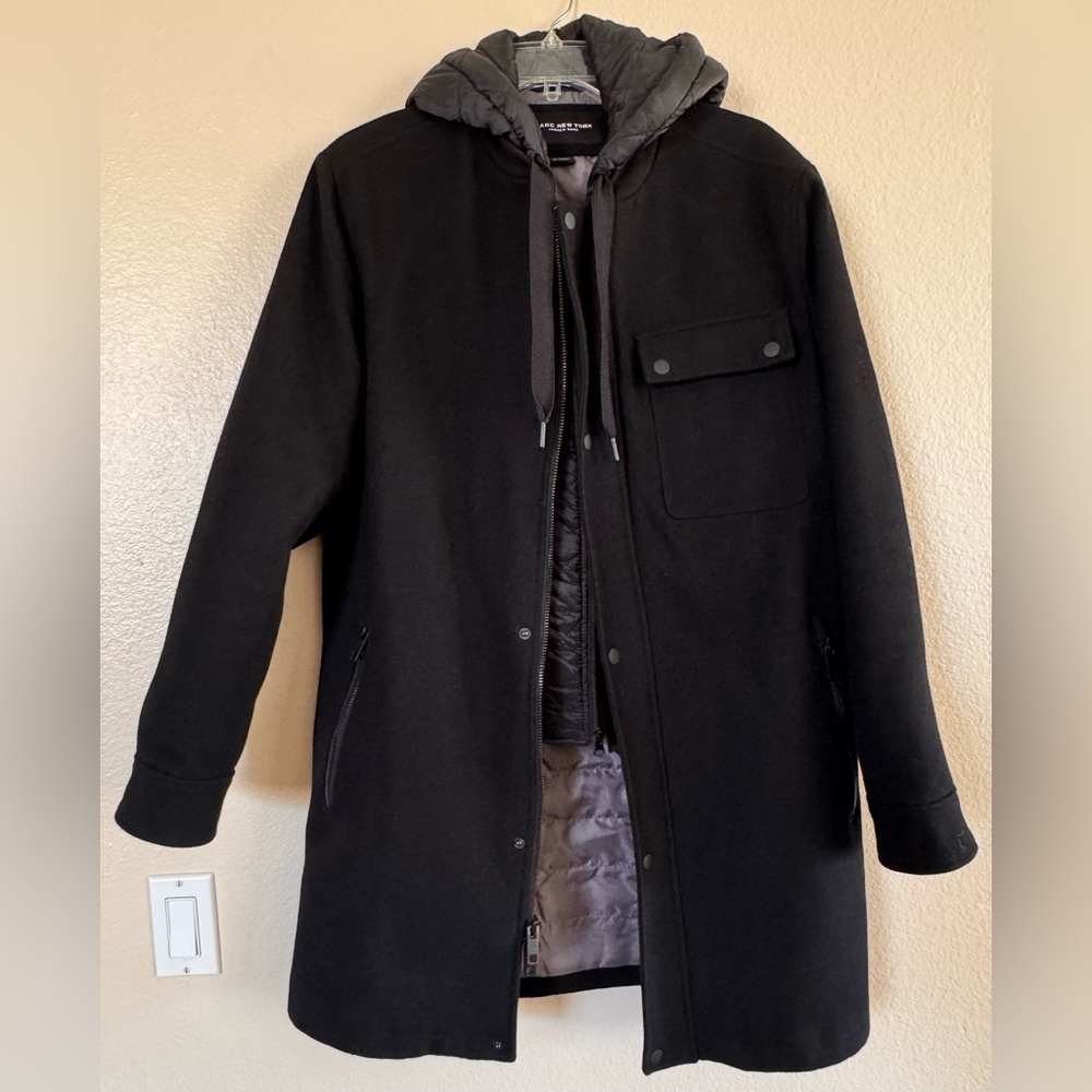 MARC NEW YORK Andrew Marc Black Wool Coat Small - Hooded 2-in-1 Bib